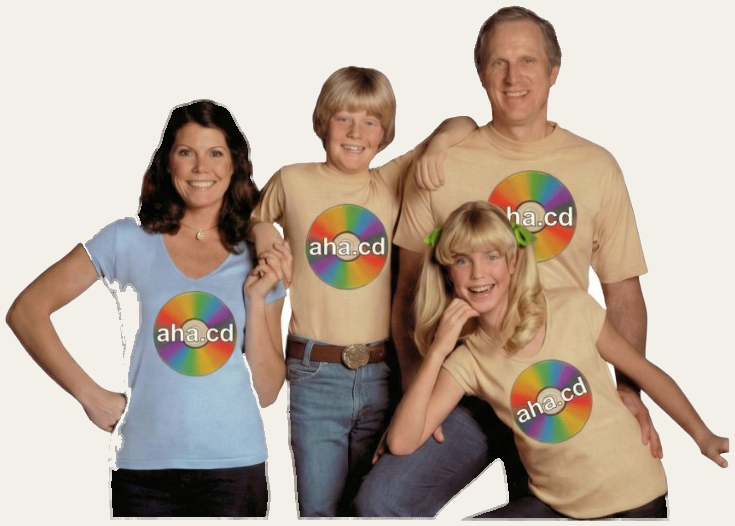Retro family wearing aha.cd t-shirts