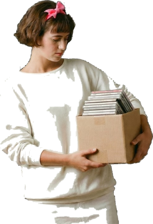Girl holding box of CDs